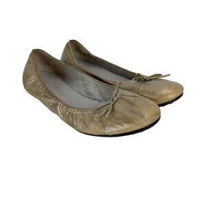LA CANADIENNE Shiny Gold Leather Ballet Flats Bow Balletcore sz 7.5 / 38